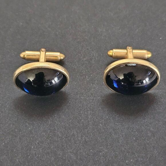 Vintage Kreisler USA 14KT RG Gold Plated Overlay Blue Oval Glass Cufflinks MCM - Picture 10 of 10